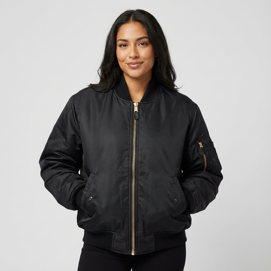 Satin bomber jacket shown on model