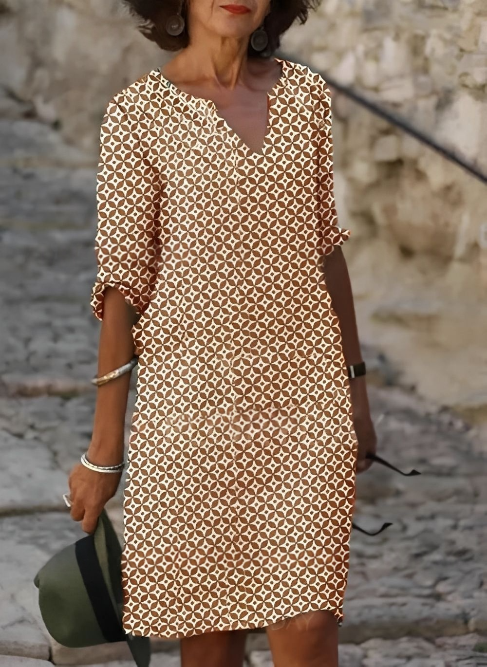 Geometric print midi dress in tan, front view