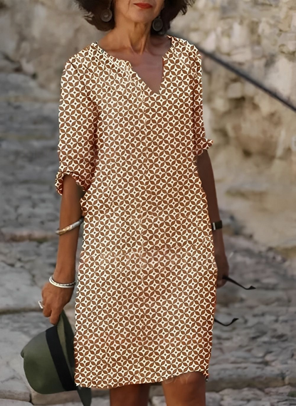 Geometric print midi dress in tan, front view