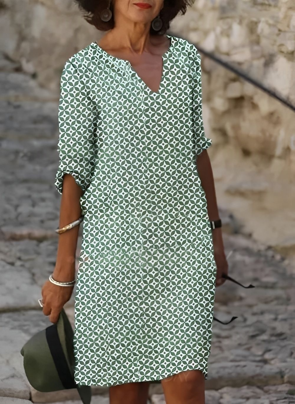 Geometric print dress showing 3/4 sleeves