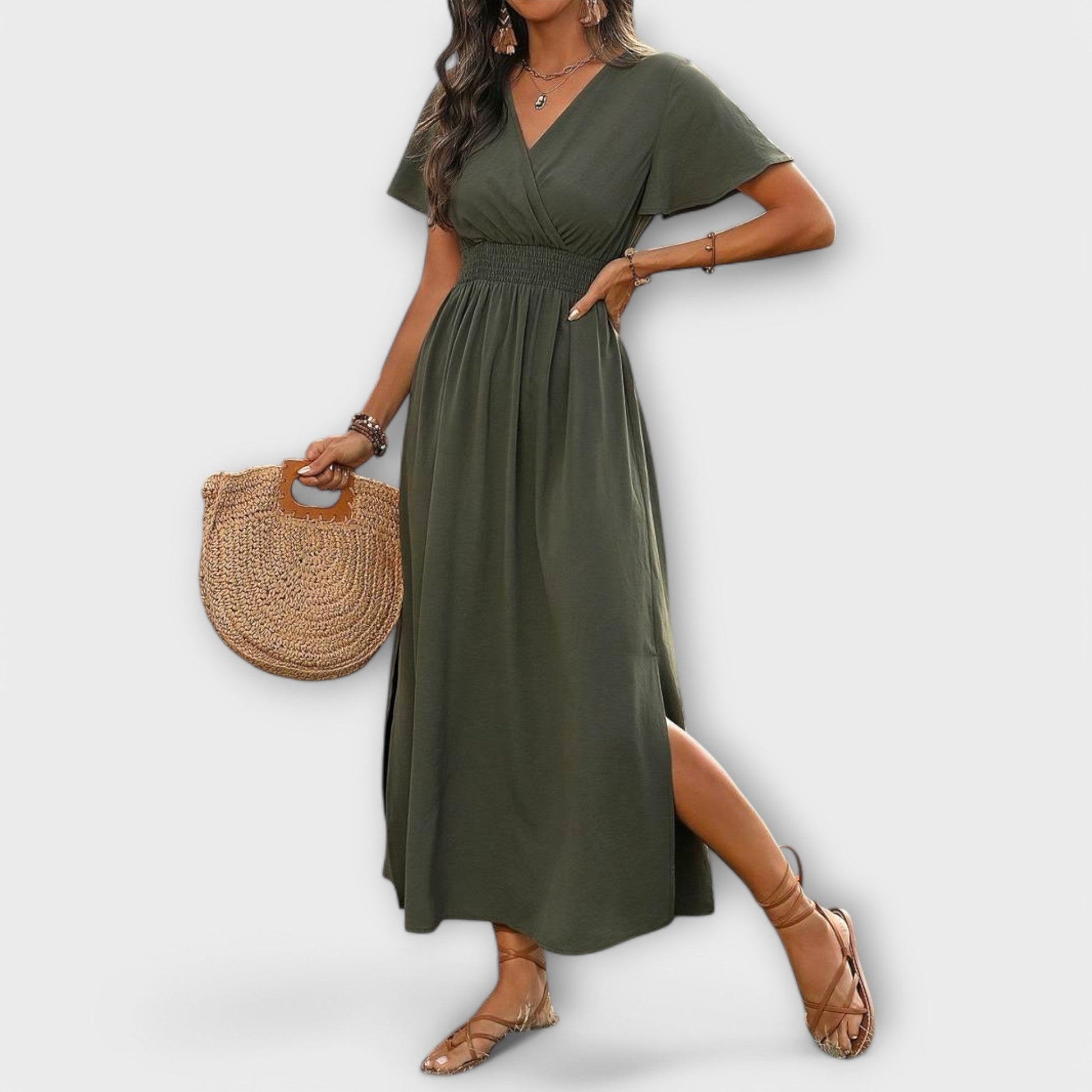 Long-sleeve midi dress showing V-neckline