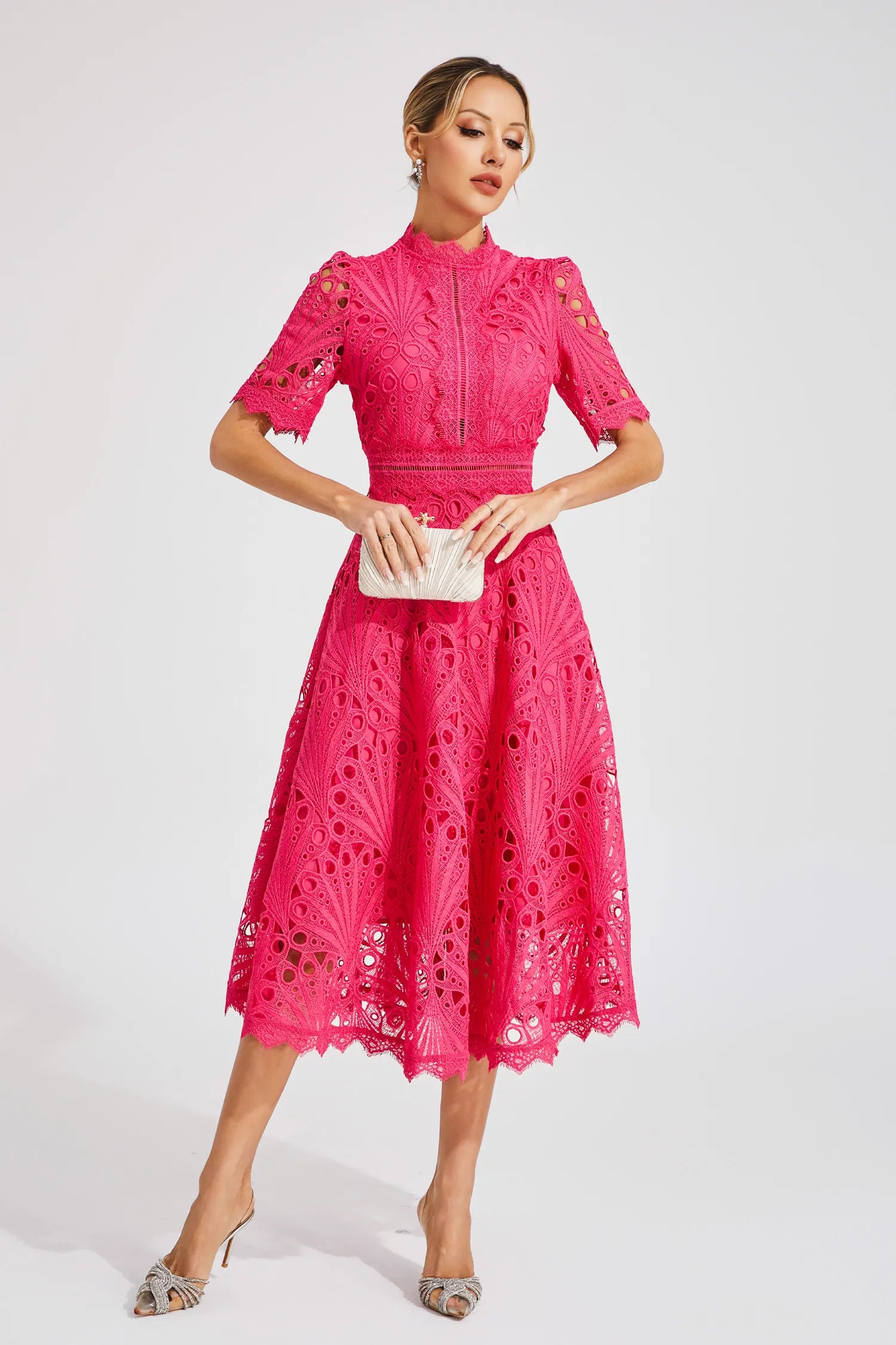 Lace midi dress showing scoop neckline detail
