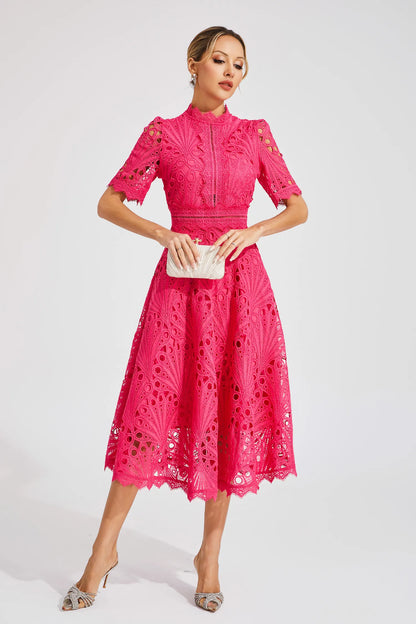 Lace midi dress showing scoop neckline detail