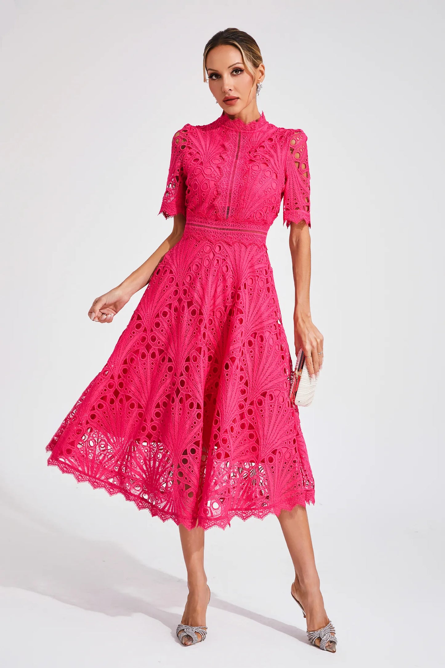 Lace midi dress with delicate detailing, side view
