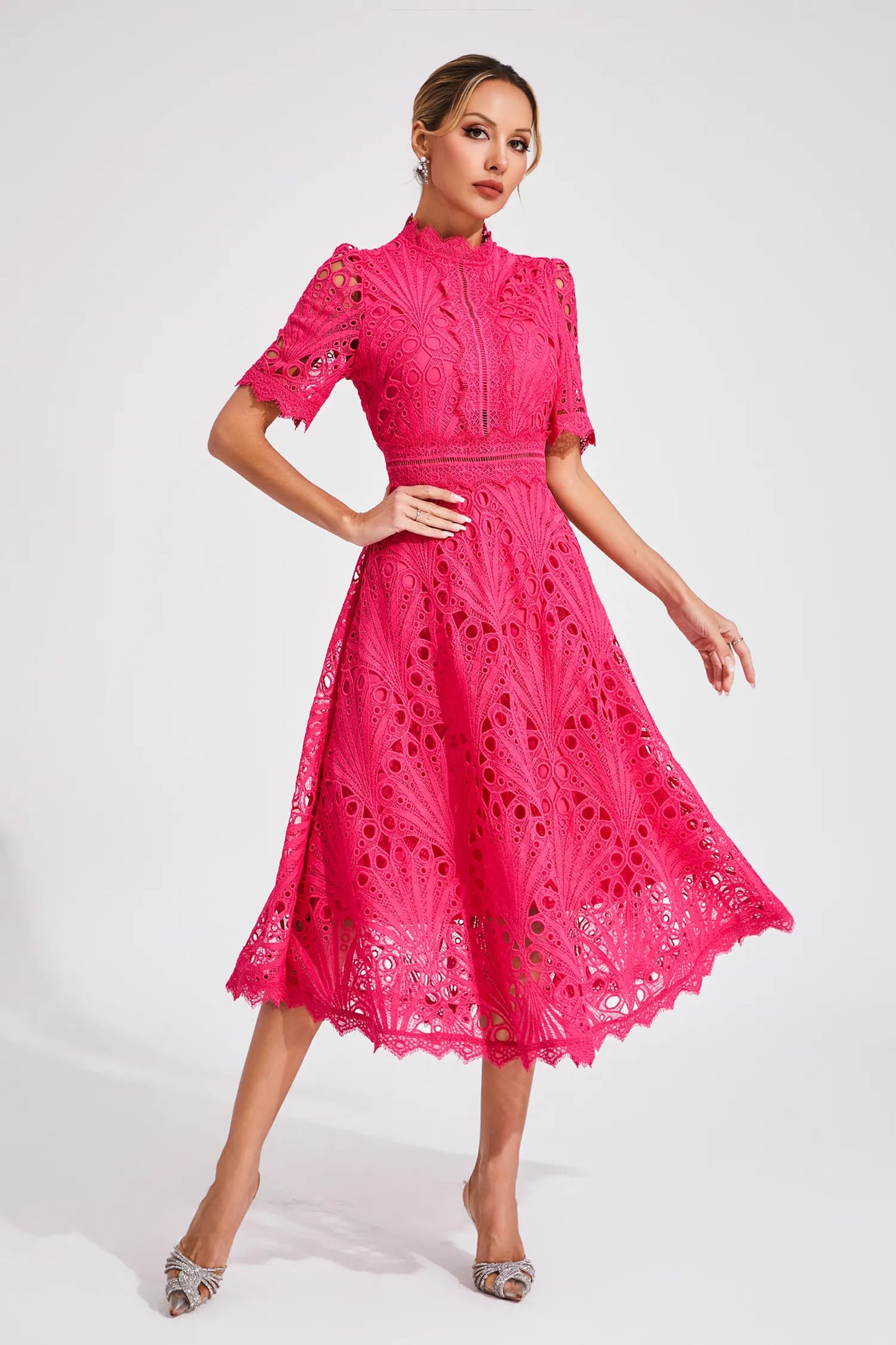 Lace midi dress in white colourway
