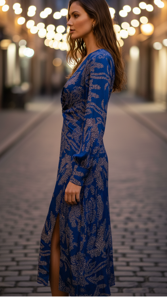 Twist-front midi dress, side view