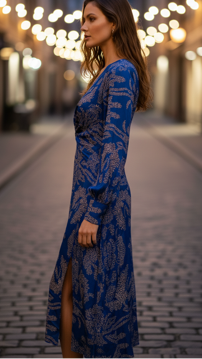 Twist-front midi dress, side view