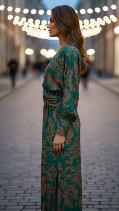 Twist-front print dress showing long sleeves