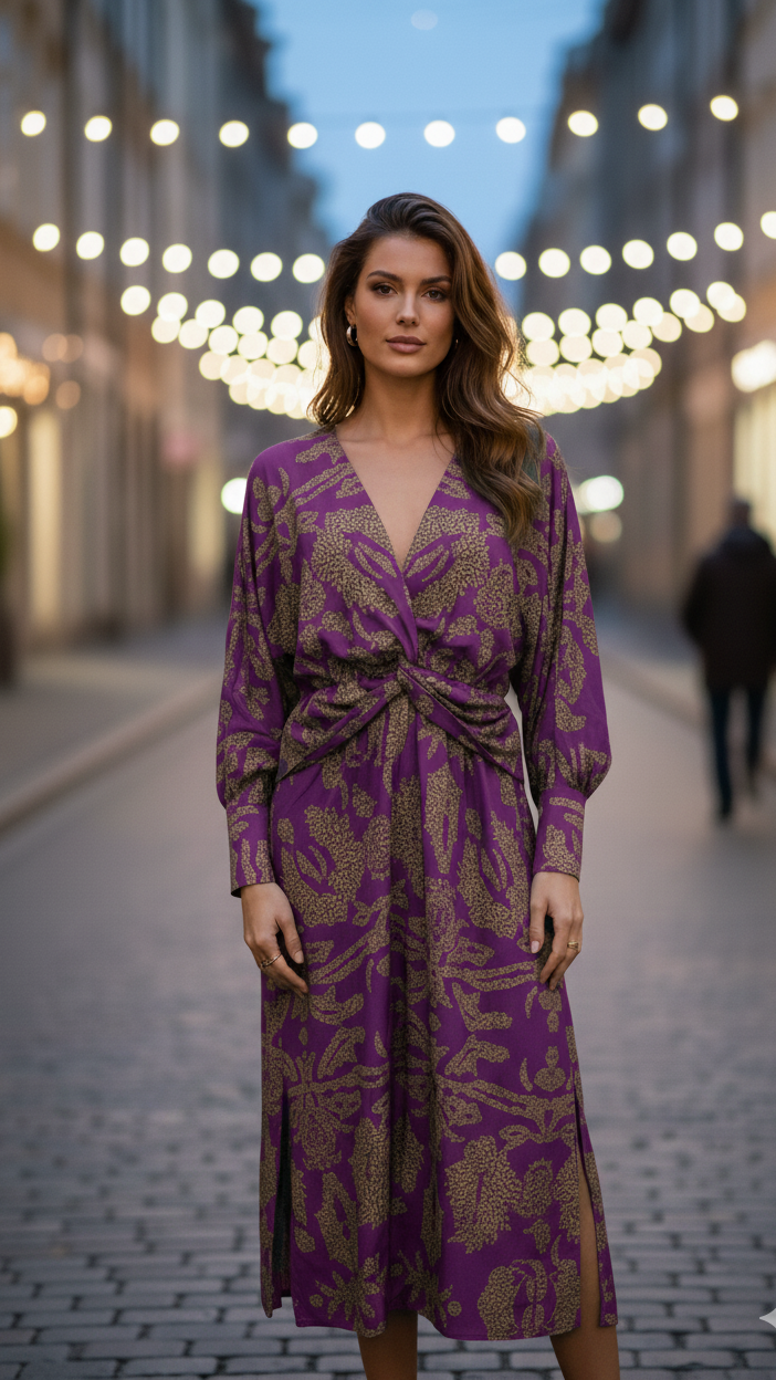 Twist-front print midi dress full-length view