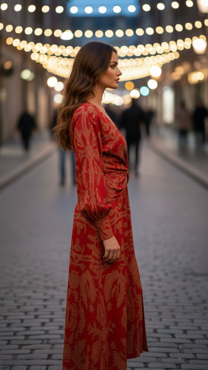 Twist-front botanical midi dress, back view