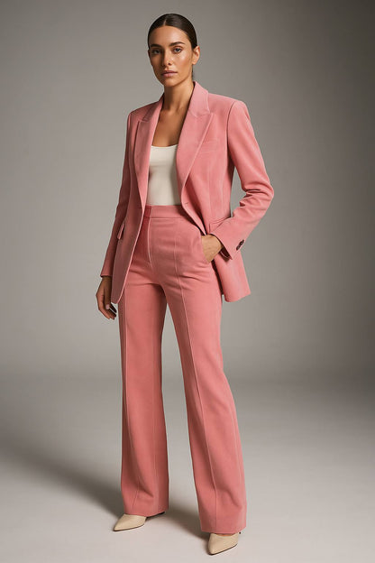 Single-breasted blazer and straight trouser suit in pink, front view