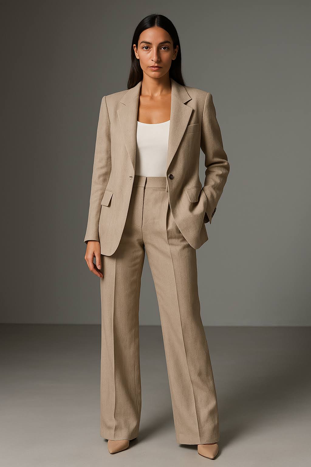 Tailored blazer and straight-leg trousers, side view