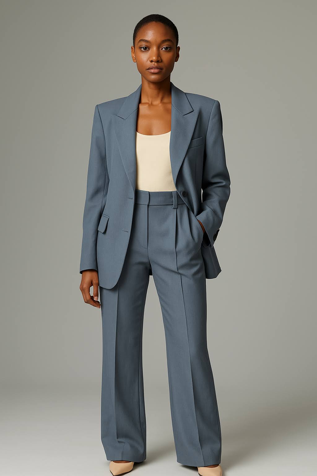 Single-breasted blazer and trouser suit, detail view
