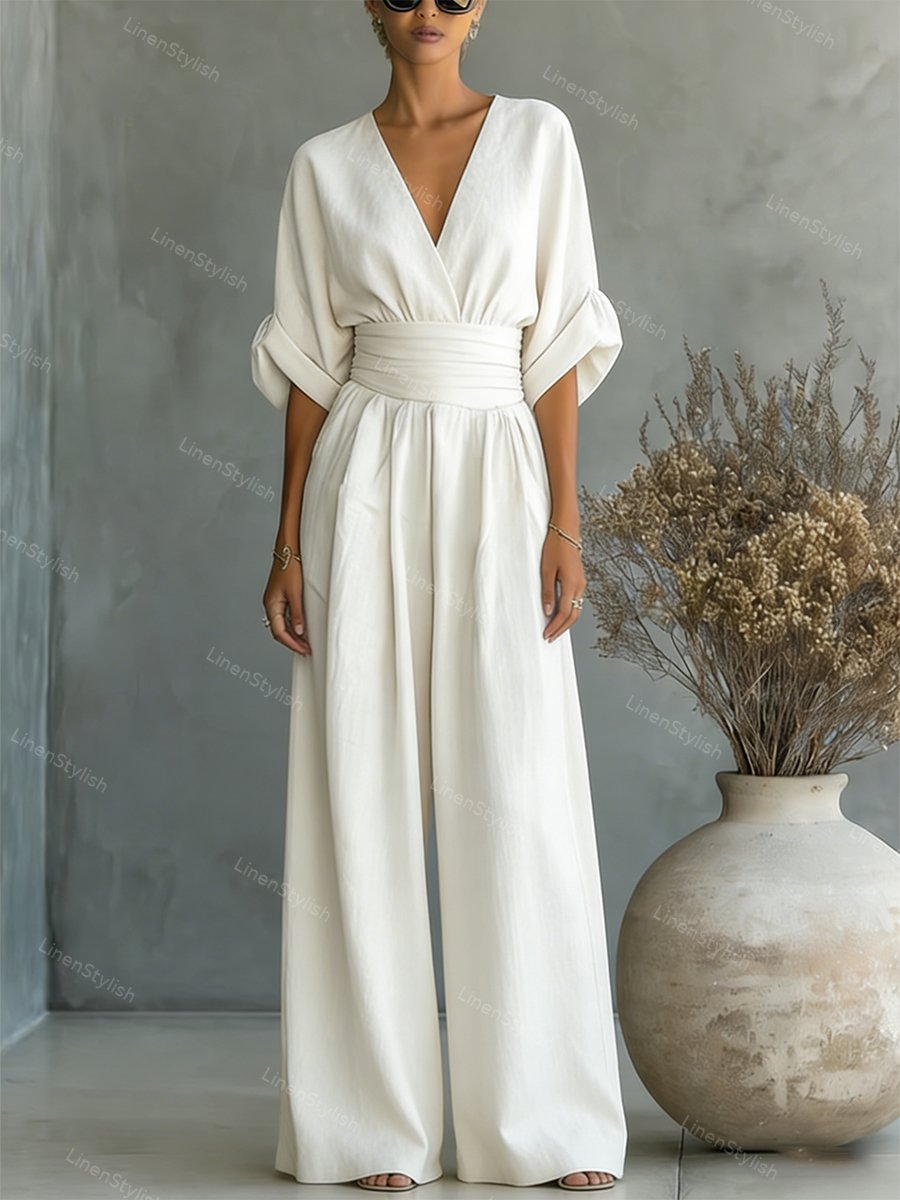 V-neck slim fit jumpsuit, front view