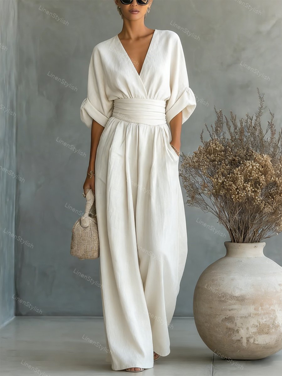 V-neck jumpsuit with tailored narrow leg, side view