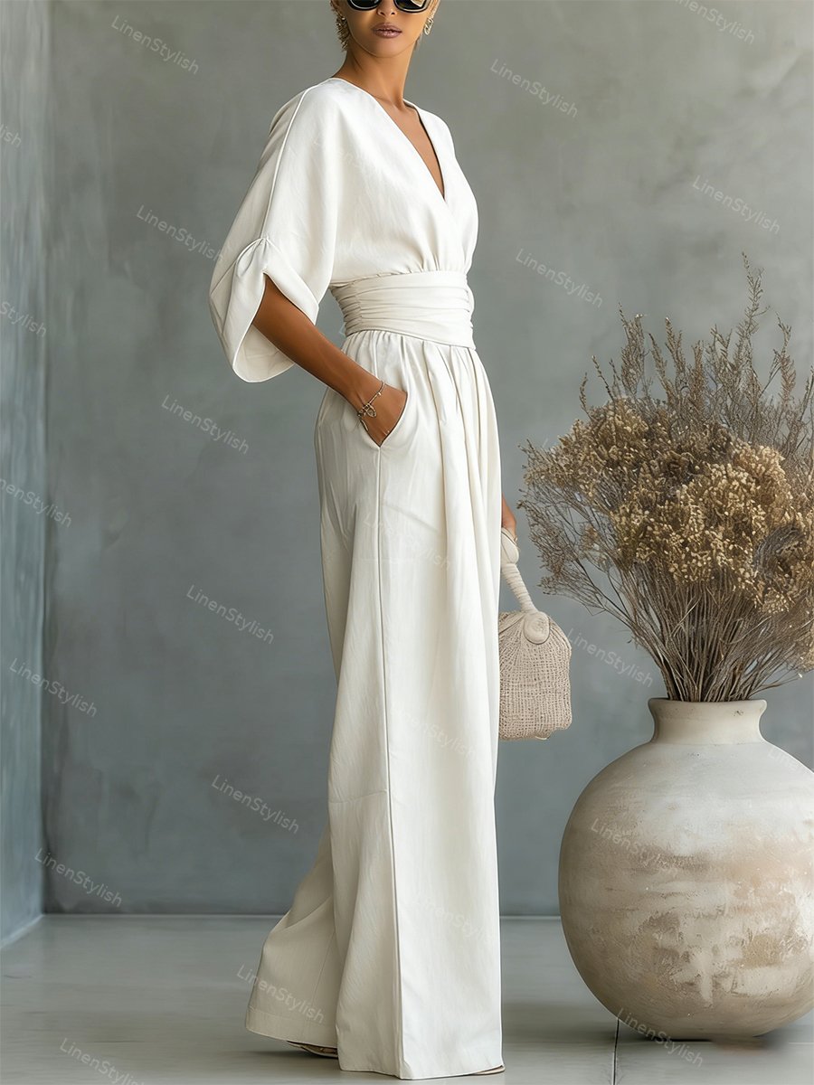 Slim fit jumpsuit showing V-neckline detail