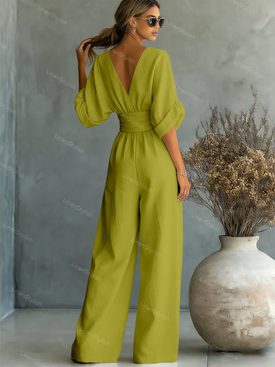 Slim fit jumpsuit showing tailored leg