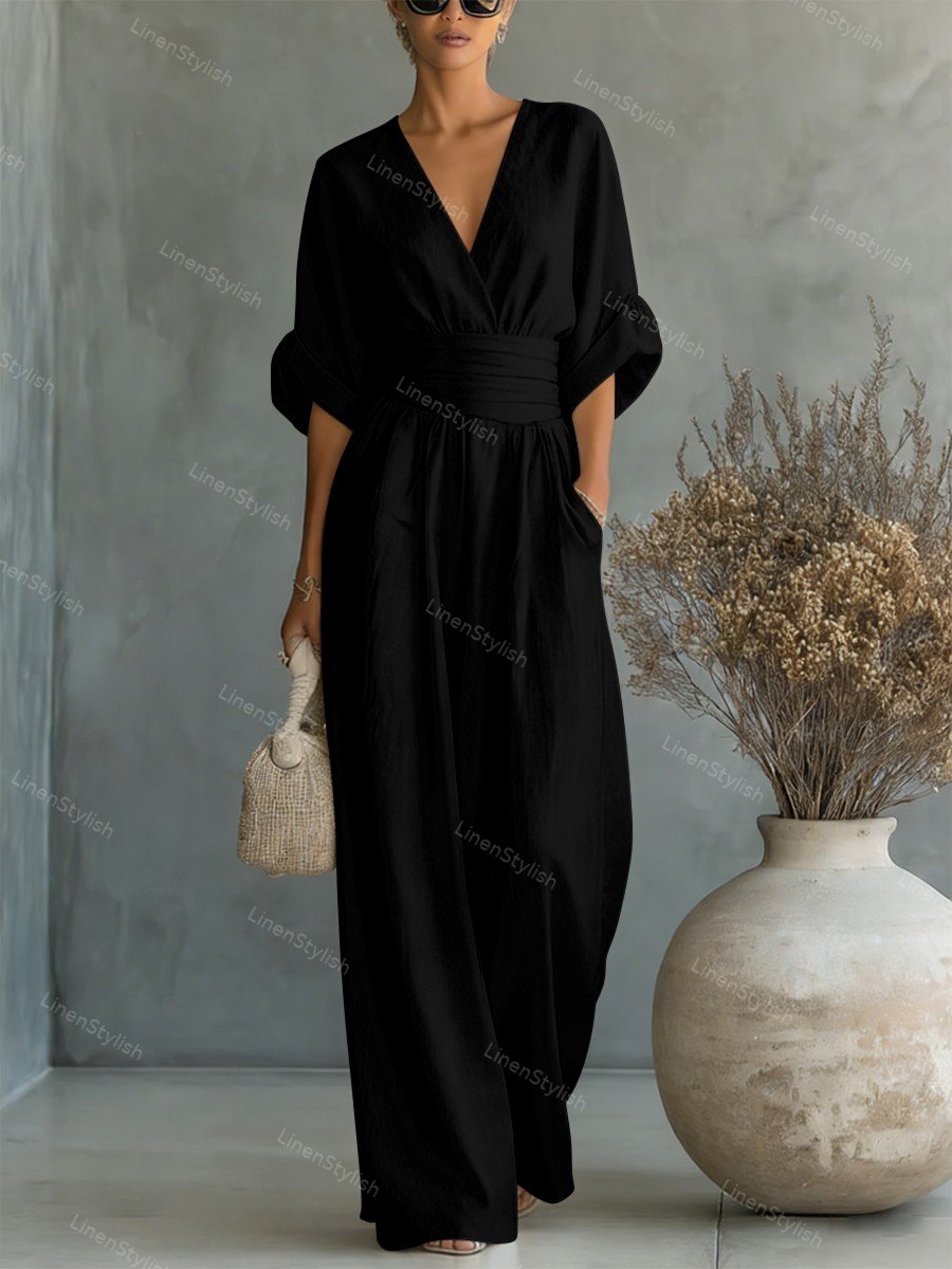 V-neck slim fit jumpsuit shown on model