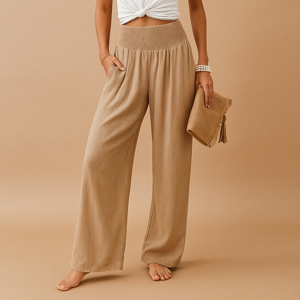 High-waist linen trousers in khaki, front view