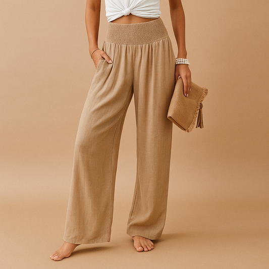 High-waist linen trousers in khaki, front view