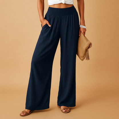 Linen trousers showing straight-leg cut