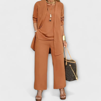 Three-piece coordinated set showing wide-leg trousers