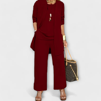 Longline cardigan three-piece set, back view