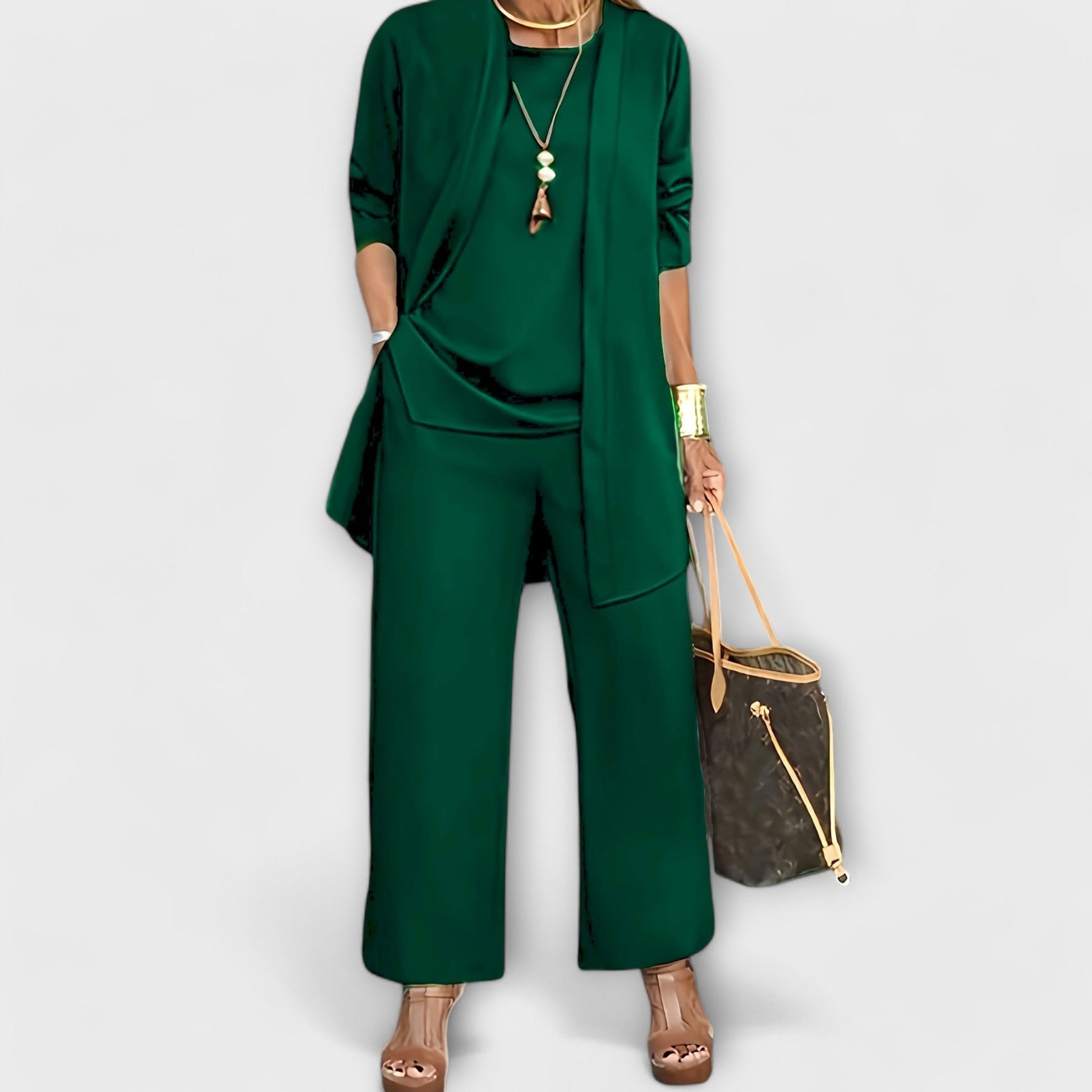 Three-piece longline cardigan set, detail view