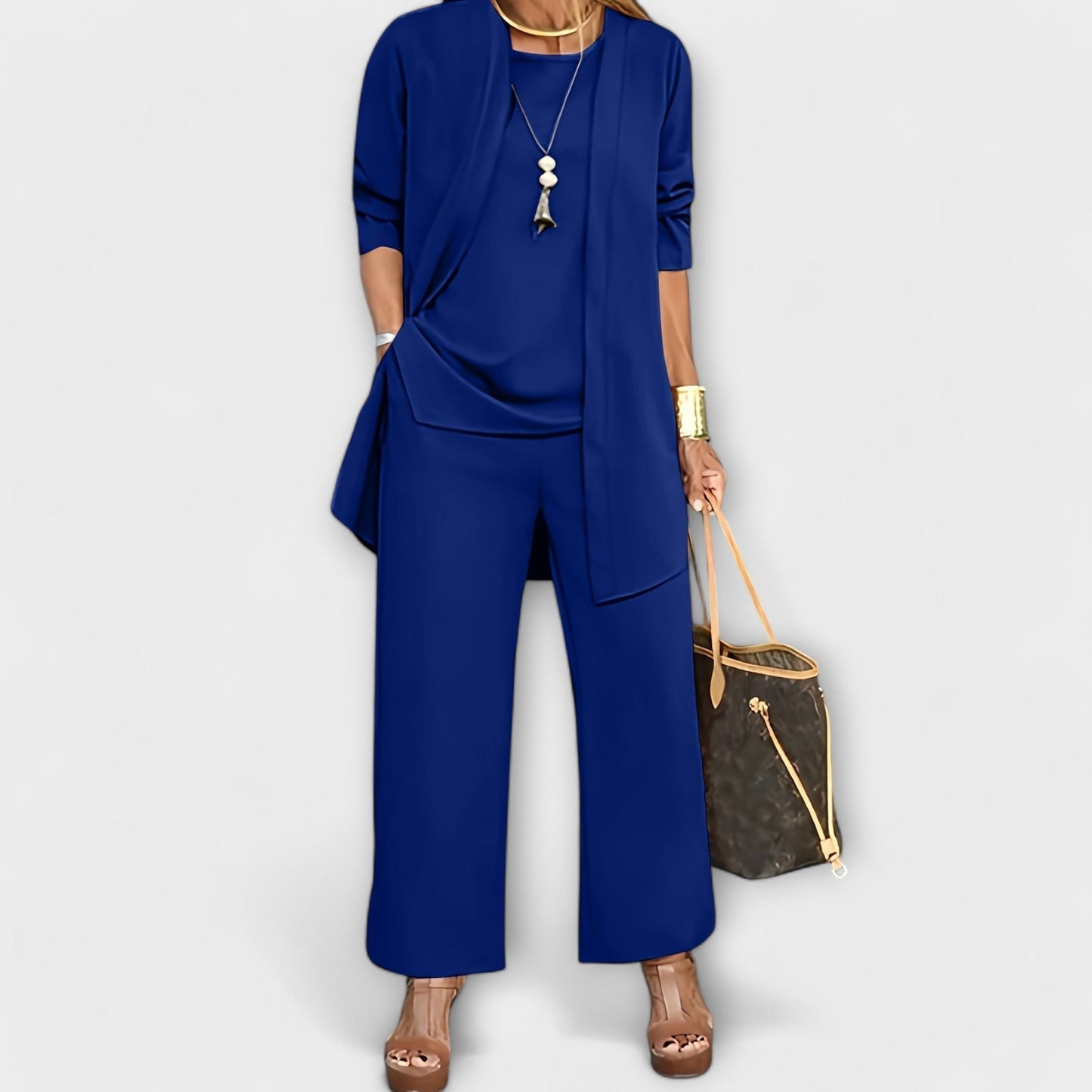 Three-piece cardigan set, full-length view