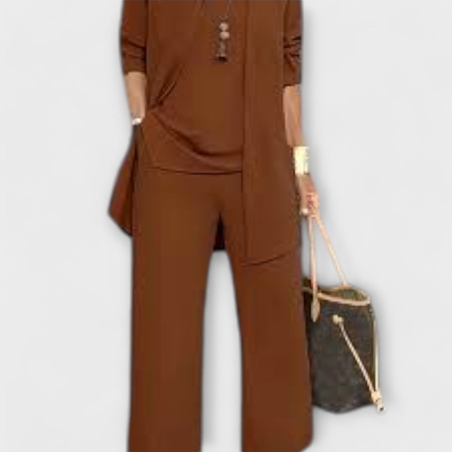 Cardigan set showing coordinated top detail