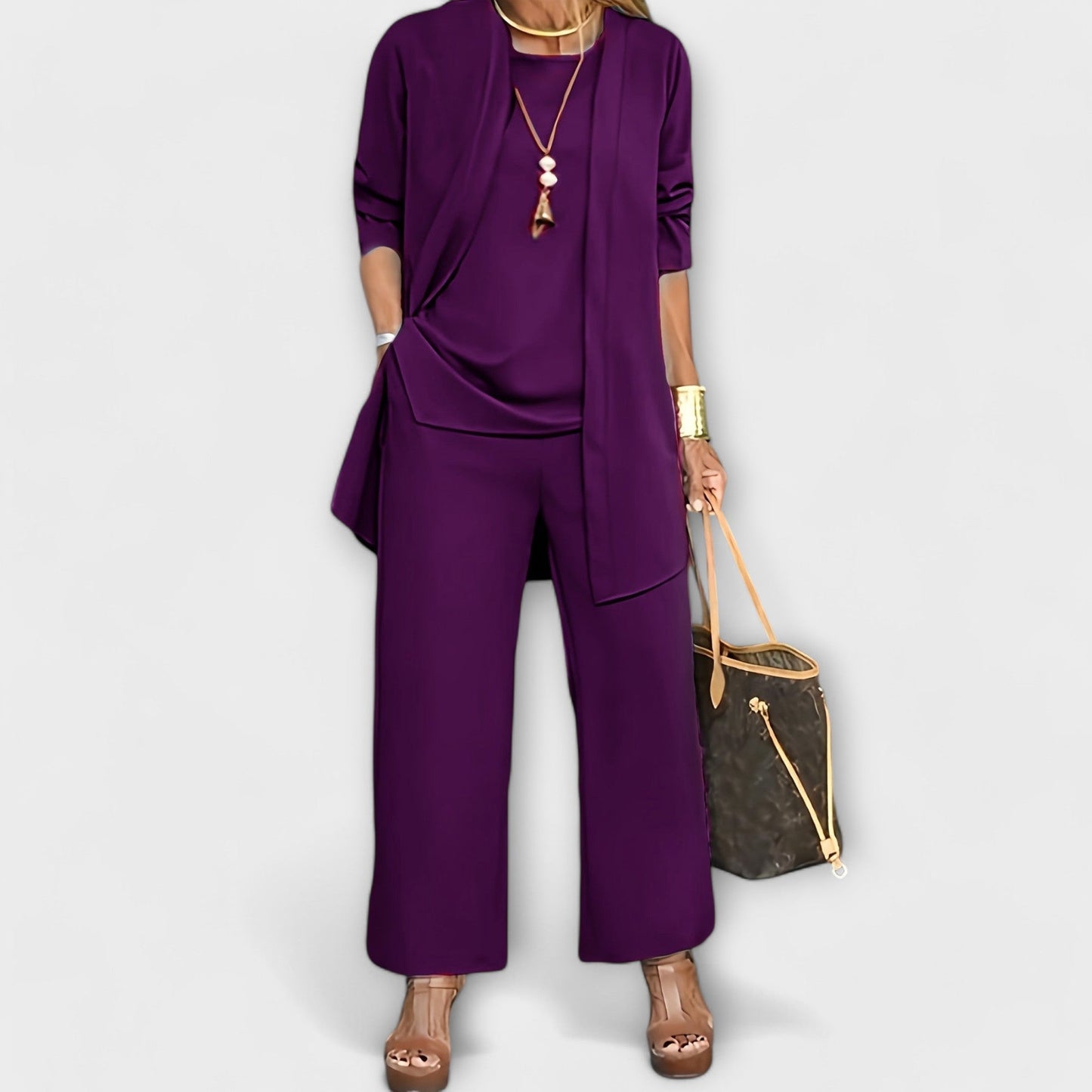 Longline cardigan set shown on model