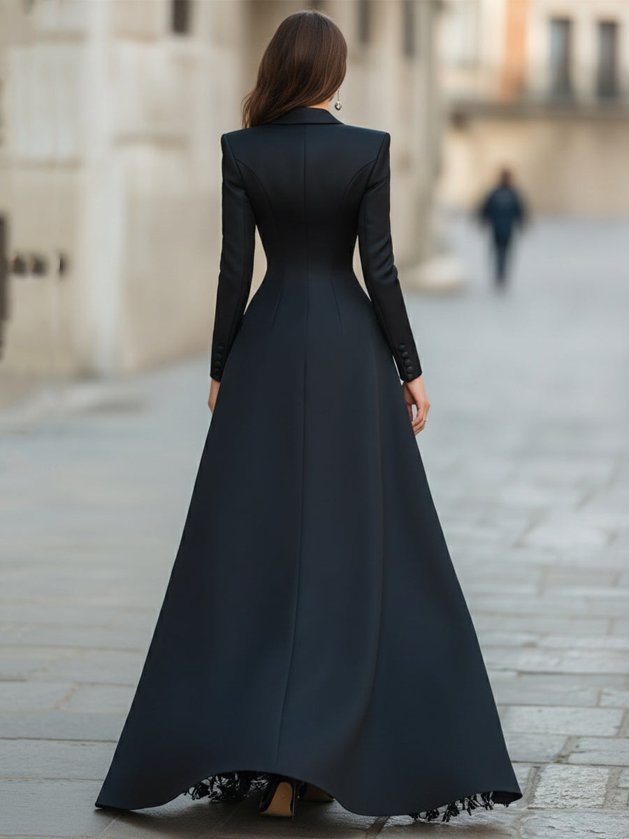 Blazer-style lace evening gown full-length view