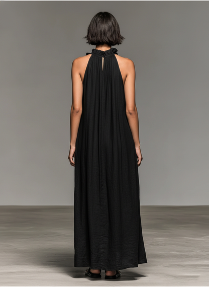 Linen maxi dress showing ruffle detail
