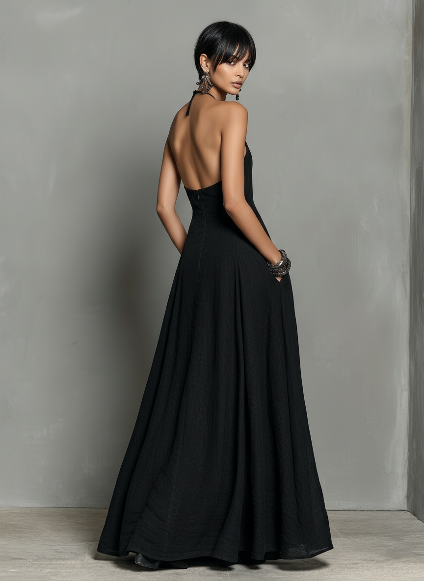 Linen halter maxi dress full-length view