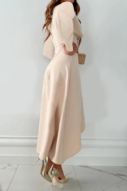 Sheath midi dress showing ruffle-edged front slit