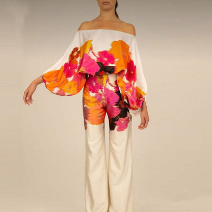 Soraya | One Shoulder Satin Top & Wide Leg Pants Set