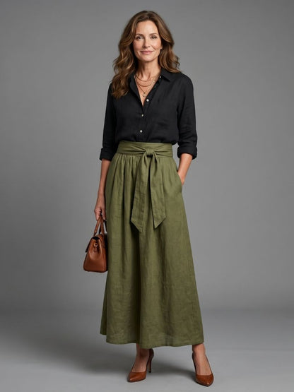 Button-front blouse and tie-front midi skirt set, front view