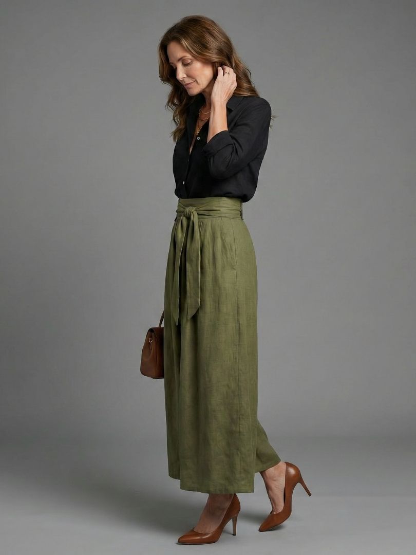 Two-piece set showing skirt front tie detail