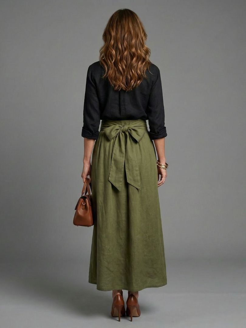 Blouse and midi skirt two-piece set, side view