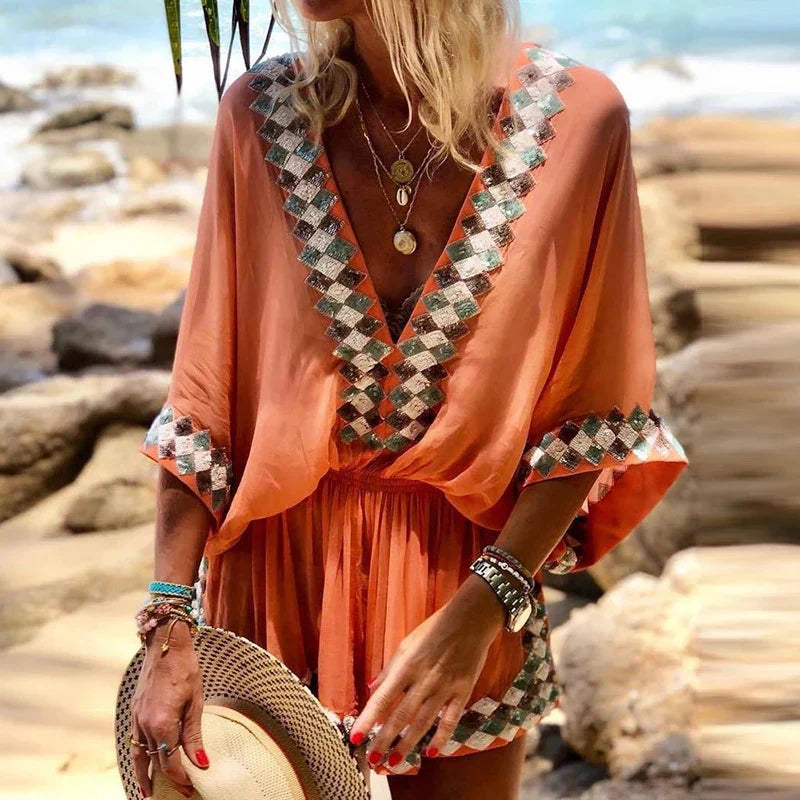 Capucine | Boho Embroidered Deep V-Neck Short Romper