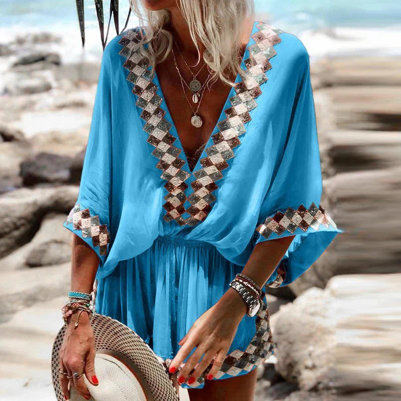 Capucine | Boho Embroidered Deep V-Neck Short Romper