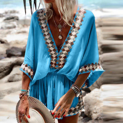 Capucine | Boho Embroidered Deep V-Neck Short Romper