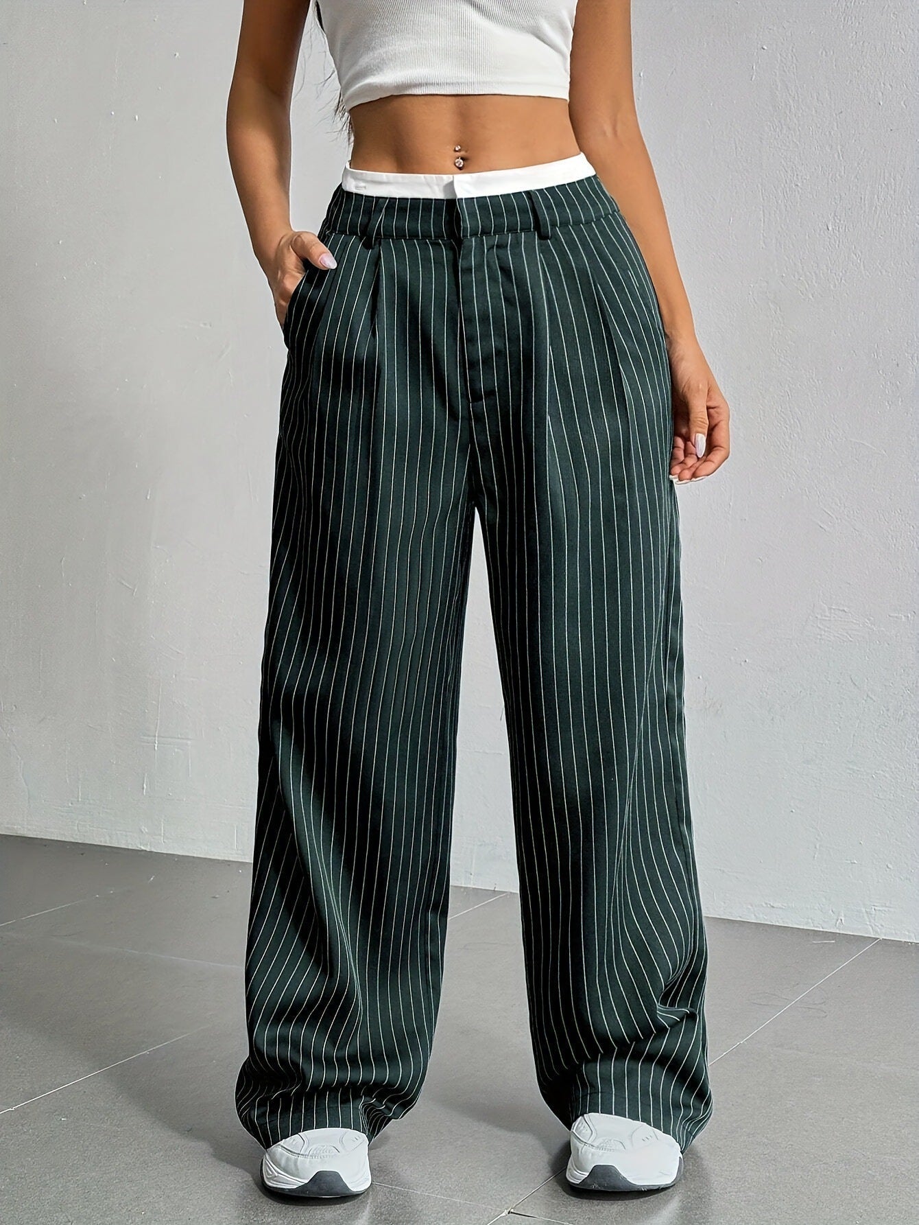Striped wide-leg trousers showing stripe repeat