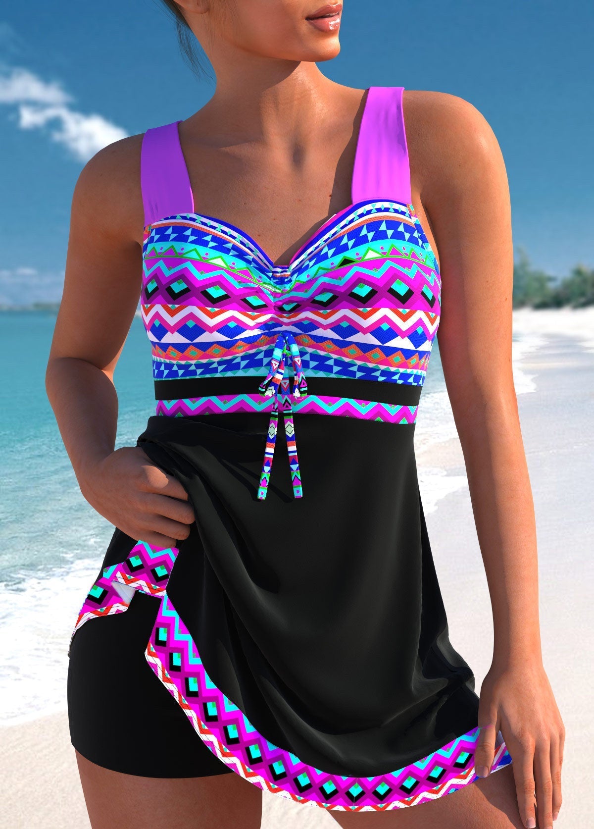 Indra | Geometric Print Swim Dress with Built-In Shorts