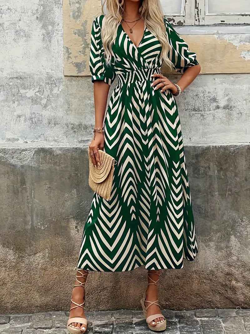Aurelia | A-Line V-Neck Wrap Midi Dress with Pleated Sleeves