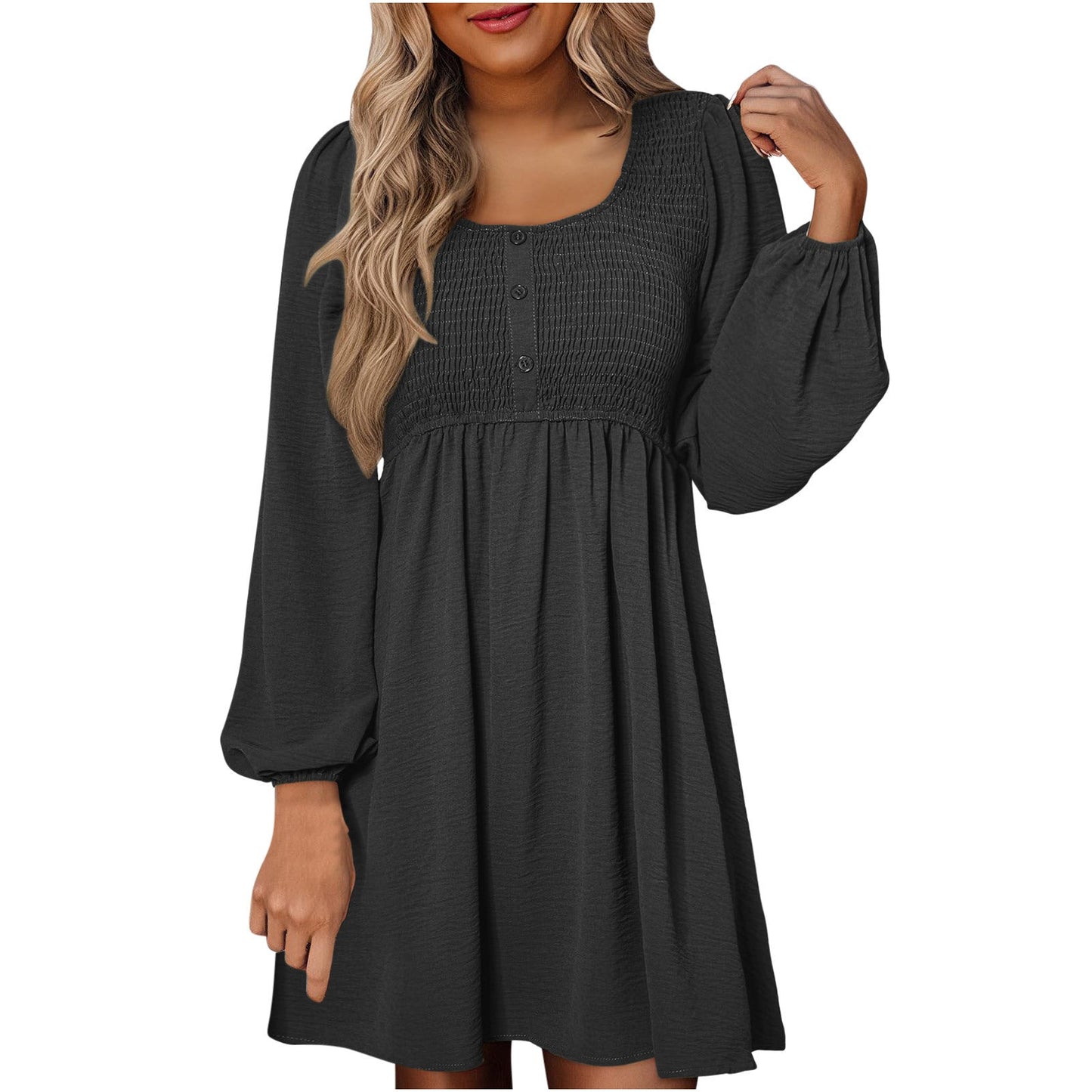 Smocked mini dress with balloon sleeves