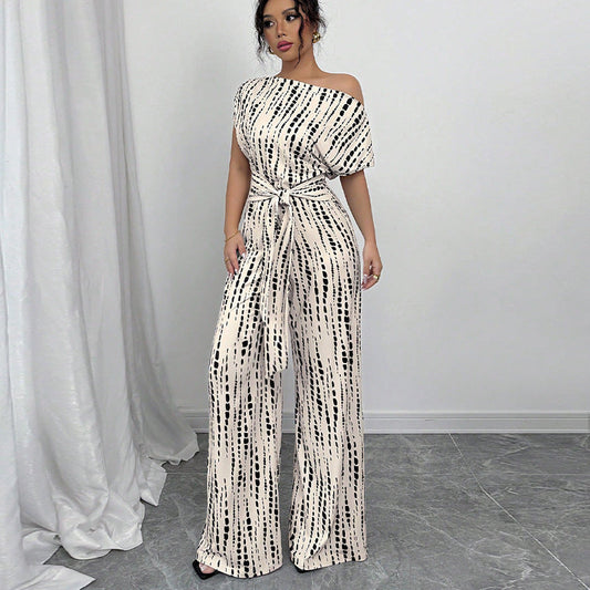 Zaira | One Shoulder Polka Dot Wide Leg Belted Jumpsuit