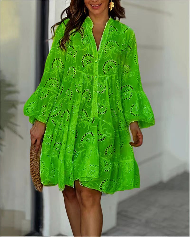 V-neckline long sleeve mini dress full-length view