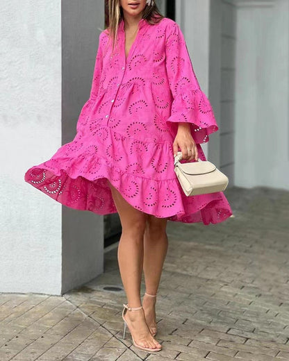 Button-front long sleeve mini dress in white, front view