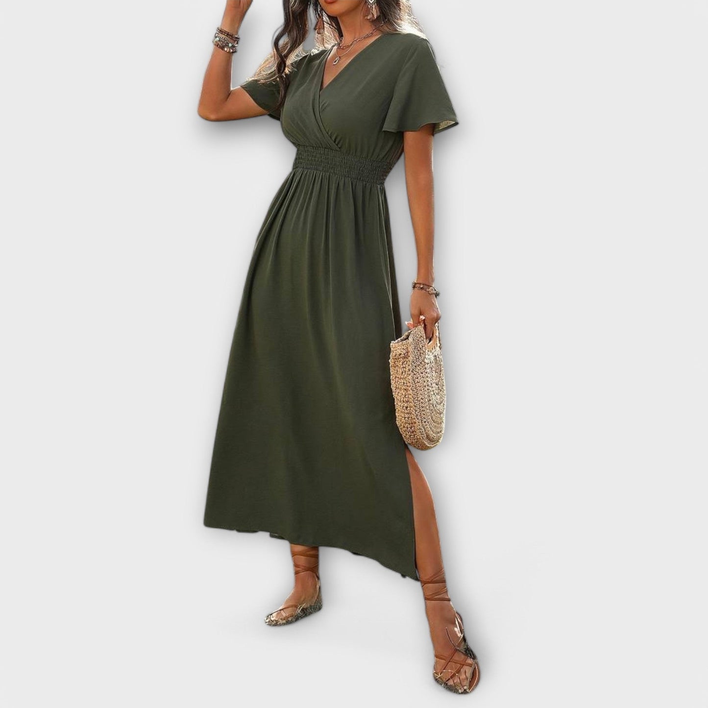 V-neck long-sleeve midi dress full-length view